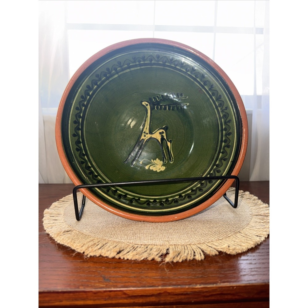 Mexican Folk Art Pottery Bowl ~ Standing Deer~ Vintage Redware Green Glaze